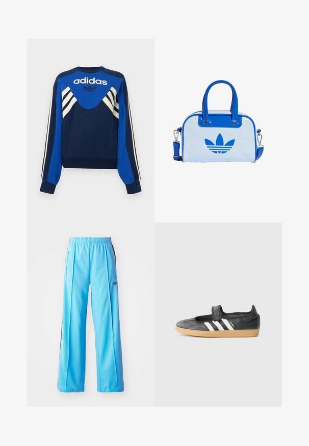Marineblaue und blaue Adidas Sweatshirt mit weißen Streifen an Ärmeln und Brust, mit Adidas Logo und Trefoil-Design auf der Vorderseite.; Hellblaue Sporthose mit elastischem Bund, seitlichen Reißverschlüssen und schwarzen seitlichen Akzenten. Weicher Stoff mit schnittlosem, weit geschnittenem Design.; Schwarze Leder- und Wildledersneaker mit einem Klettverschluss, ausgestattet mit drei weißen Streifen und einer Gummisohle, beschriftet mit "SAMBA" an der Seite.; Blaue und weiße Handtasche mit glänzendem Finish, ausgestattet mit zwei blauen Griffen, einem abnehmbaren Schulterriemen und einem auffälligen blauen Logo auf der Vorderseite.
