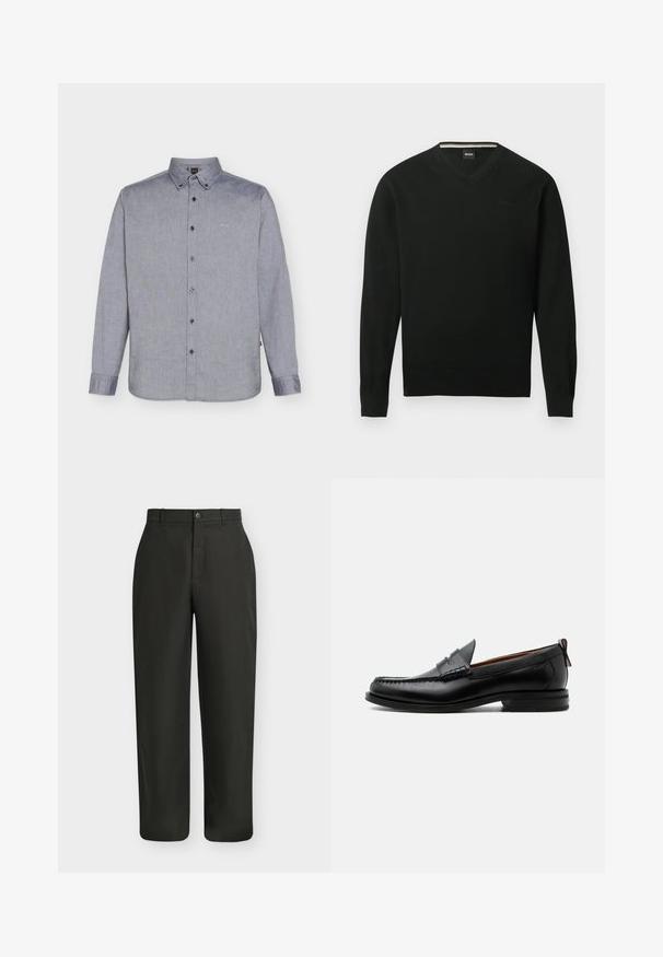 Pull noir à manches longues avec col en V, poignets et ourlet côtelés, arborant un logo "BOSS" discret sur la poitrine gauche.; Chemise grise à manches longues, boutonnée avec col et logo "BOSS" brodé sur la poitrine gauche.; Pantalon noir droit avec fermeture par bouton et fermeture éclair et passants de ceinture sur un fond clair uni.; Mocassin homme en cuir noir avec couture moc toe, bride penny, col texturé et petit talon empilé sur fond blanc.