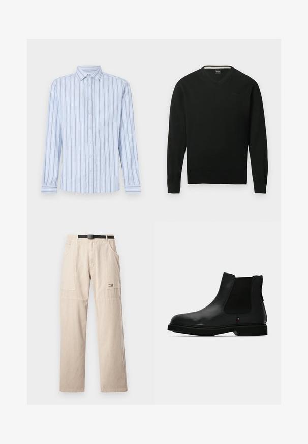 Sort langærmet V-hals sweater med ribstrikkede manchetter og kant, med diskret "BOSS" logo på venstre bryst.; Lys blå langærmet skjorte med hvide og marineblå lodrette striber, knap-ned krave og frontknaplukning. Skarp stoftekstur.; Beige cargobukser med lige ben, der har bæltestropper, store sidelommer og et lille mærke med mærkenavn på venstre lår. Bomuldsmateriale.; Sort læder Chelsea-støvle med elastiske sidepaneler, rund tå og tekstureret overdel. Har en flad gummisål og diskret mærkedetalje.
