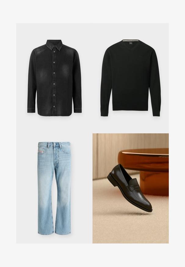 Sort langærmet V-hals sweater med ribstrikkede manchetter og kant, med diskret "BOSS" logo på venstre bryst.; Sort denimskjorte med button-down krave, lange ærmer og frontlukning med knapper. Har diskret falmning og en skræddersyet pasform.; Lyseblå denim jeans med fem lommer og lige ben, vist på en ensfarvet hvid baggrund.; Sort læderloafer med et elegant design, der har et struktureret bånd og en glat finish. Placeret mod en blød, lys baggrund.
