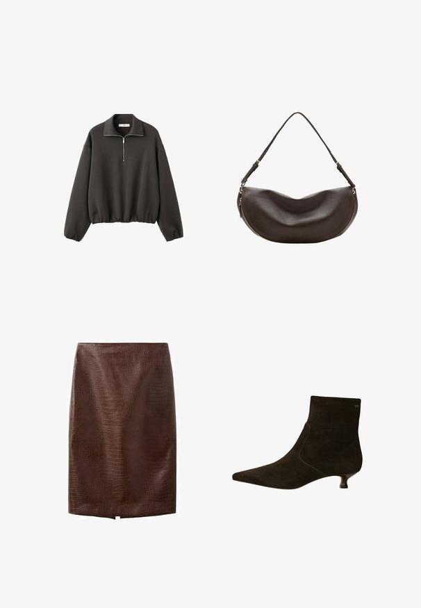 Sweat-shirt à col montant gris foncé, avec une courte fermeture éclair à l'avant et un ourlet élastiqué. Tissu doux avec une coupe décontractée et ample.; Jupe crayon en cuir synthétique marron foncé façon crocodile avec une petite fente avant à l'ourlet, longueur genou, sans fermetures apparentes ni ornements.; Bottines en daim marron avec un nez pointu, un petit Talon de type kitten, et un détail élastique sur le côté pour un ajustement parfait. Design simple sans ornementation supplémentaire.; Sac à bandoulière en cuir marron foncé avec une forme courbée, une sangle réglable et une fermeture éclair dorée le long du bord inférieur.