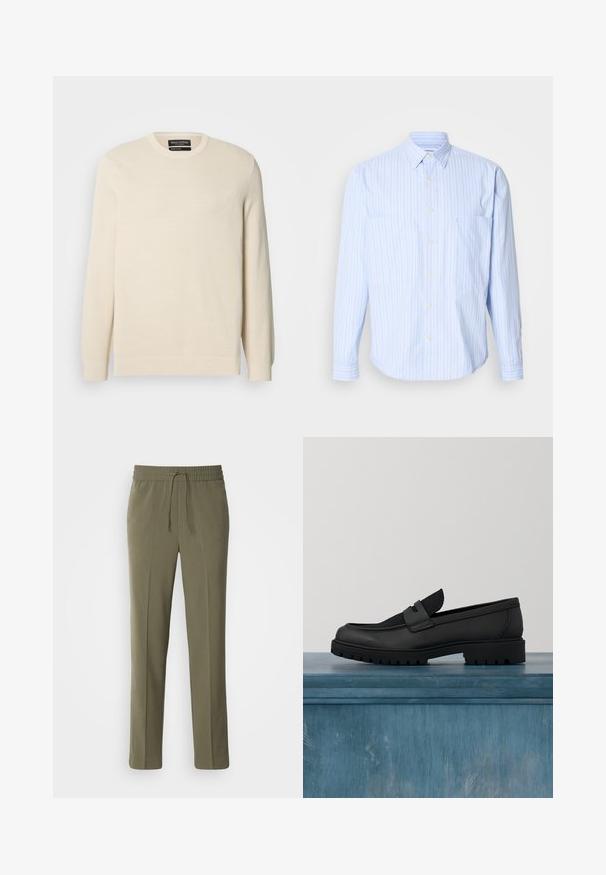 Pull en maille beige clair avec col rond, manches longues et un motif texturé subtil. Il comporte un emblème sur la poitrine et un ourlet côtelé.; Chemise bleu clair à boutons avec des rayures verticales blanches et pastel, en coton doux, deux poches poitrine et manches longues.; Pantalons légers couleur vert olive avec une taille élastique et un cordon de serrage réglable ; design à jambe droite et texture lisse.; Chaussure noire en cuir sans lacets avec un accent en tissu texturé, une semelle en caoutchouc robuste et une finition lisse. Présente un détail de couture subtil.