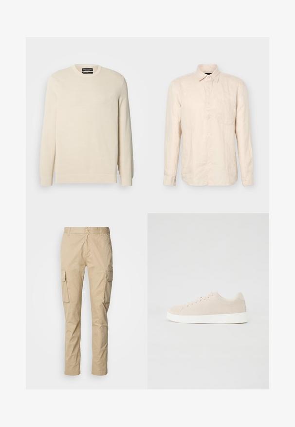 Pull en maille beige clair avec col rond, manches longues et un motif texturé subtil. Il comporte un emblème sur la poitrine et un ourlet côtelé.; Chemise beige à manches longues avec boutons, col pointu et poche poitrine, vue de face sur un fond uni.; Pantalons cargo beiges à coupe droite, dotés de deux grandes poches latérales, d'une fermeture à bouton et fabriqués en tissu en coton léger.; Baskets en daim beige avec semelles en caoutchouc blanc, bout rond et six œillets pour les lacets. Texture lisse avec un design minimaliste.
