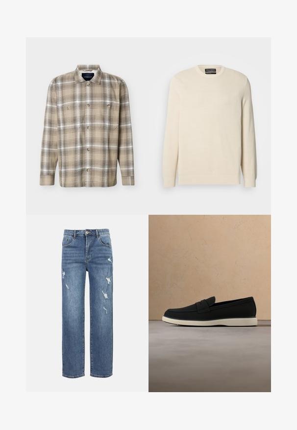 Pull en maille beige clair avec col rond, manches longues et un motif texturé subtil. Il comporte un emblème sur la poitrine et un ourlet côtelé.; Chemise à manches longues à carreaux beige et marron, avec boutons sur le devant et deux poches poitrine, présentée sur un fond blanc.; Jean en denim avec une teinte bleu clair, coupe droite, patchs usés, design à cinq poches et fermeture par bouton à la taille.; Mocassin noir à enfiler avec semelle blanche posé sur un tapis beige devant un canapé assorti.