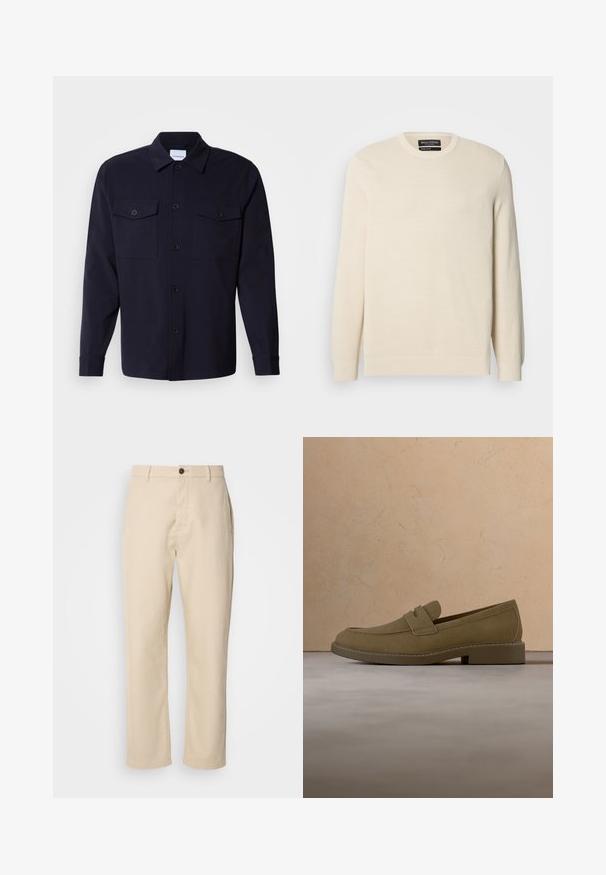 Suéter tejido color beige claro con cuello redondo, mangas largas y un patrón texturizado sutil. Cuenta con un emblema en el pecho y dobladillo acanalado.; Chaqueta de camisa azul marino hecha de una tela suave, con dos bolsillos en el pecho, un frente abotonado y mangas largas con puños abotonados.; Pantalones de algodón beige con piernas rectas, cierre de botón en la parte delantera, bolsillos laterales y una textura suave. Diseño minimalista, sin patrones visibles.; Zapato mocasín de ante marrón flotando sobre una alfombra beige texturizada en una sala de estar con una mesa de café de madera y libros apilados.