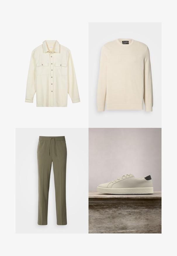 Pull en maille beige clair avec col rond, manches longues et un motif texturé subtil. Il comporte un emblème sur la poitrine et un ourlet côtelé.; Chemise boutonnée de couleur crème en tissu doux. Elle comporte deux poches poitrine, un col et des boutons marron. Manches longues standard.; Pantalons légers couleur vert olive avec une taille élastique et un cordon de serrage réglable ; design à jambe droite et texture lisse.; Baskets blanches avec semelle texturée et détail noir au talon, flottant au-dessus d'un banc en bois avec de hautes herbes vertes en arrière-plan.