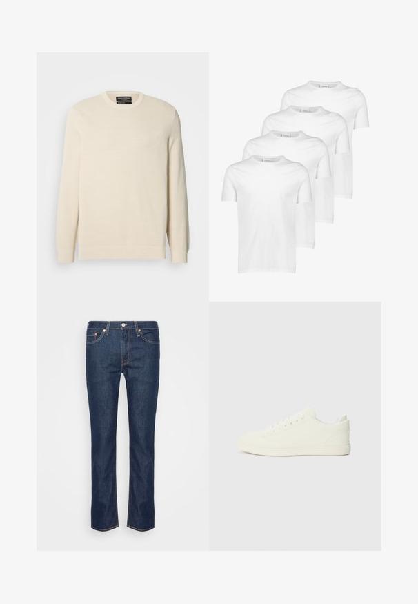 Lysebeige strikket trøje med rund hals, lange ærmer og et subtilt teksturmønster. Har et brystemblem og ribkant forneden.; Hvide bomulds T-shirts, kortærmede, rund halsudskæring, glat tekstur, stableret i fire stykker med ensartet design uden mønstre eller accenter.; Mørkeblå lige ben denim jeans med orange søm, fem lommer og en frontknap samt lynlås.; Hvide sneakers med en glat overflade, rund tå og traditionel snøring, med et minimalistisk design og gummisål.