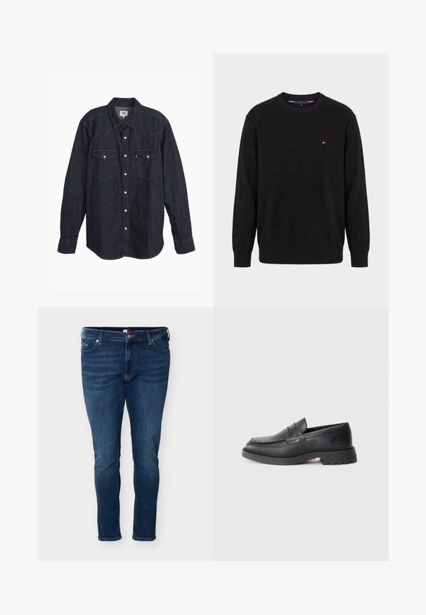 Sort struktureret langærmet sweater med rund hals, med lille rød, hvid og blå logo på venstre bryst samt ribstrikkede ærmer og kant.; Mørk denim langærmet skjorte med spids krave, to brystlommer, hvide knapper og kontrastfarvet gul syning. Glat, holdbart stof.; Straight-fit mørkeblå denimjeans med knap- og lynlås-lukning foran, lommer foran og bagpå samt bæltestropper.; Sorte læder loafers med en rund tå, en hævet søm og en tyk gummisål. Enkel design med minimal branding på siden.