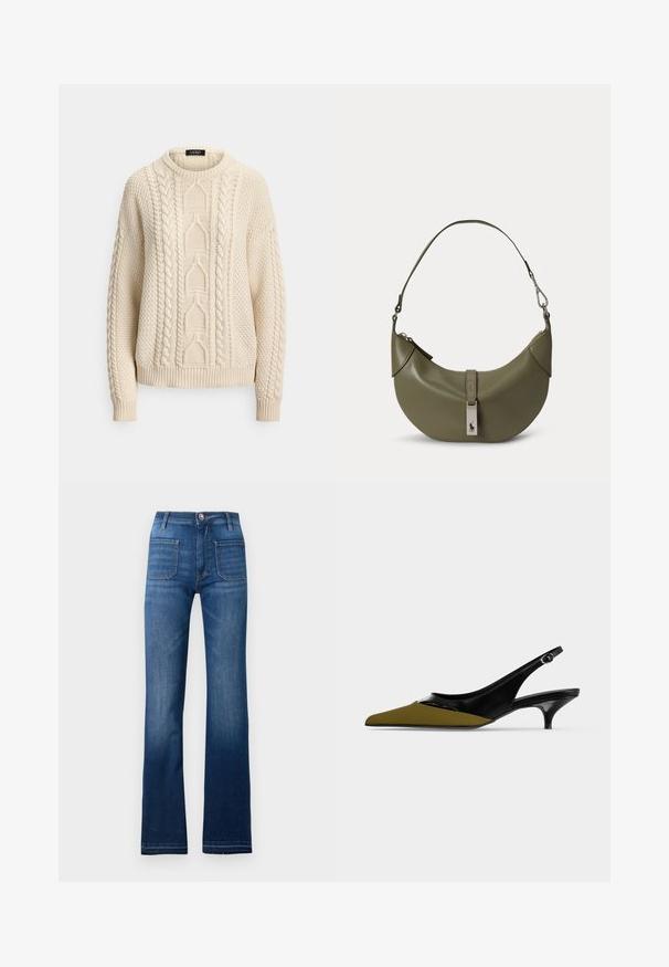 Strikket sweater i cremefarve med rund hals, der har teksturerede mønstre og kabelstrikdetaljer. Ribstrikkede ærmekanter og kant forneden forstærker designet.; Blå denim flared jeans med fem lomme-design, knaplukning og synlige sømme langs sømmene, med en let falmet finish.; Spids tå slingback kitten heel sko i sort lak og olivengrøn læder med lille spænde og lav hæl.; Olivengrøn halvmåneformet læderhåndtaske med en enkelt strop og en sølvspænde med et logo af en hest og rytter.