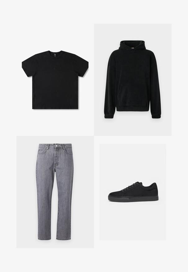 Sudadera con capucha negra en material de felpa suave, con un bolsillo frontal, mangas largas y puños acanalados. Diseño minimalista, sin patrones visibles.; Camiseta negra de manga corta hecha de algodón con cuello redondo, con un logo sutil en el centro y un diseño de corte relajado.; Jeans de mezclilla gris con un diseño de pierna recta, cinco bolsillos, cierre de botón y un sutil efecto de arrugas en la textura de la tela.; Zapatilla deportiva negra de corte bajo con cordones delanteros y suela de goma plana, mostrada de lado sobre un fondo blanco.