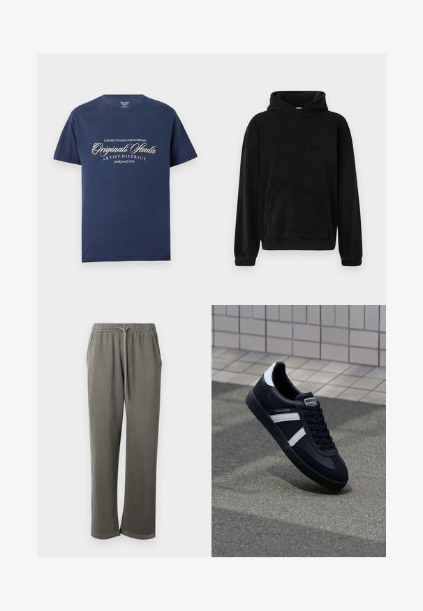 Sort hættetrøje i blødt fleece-materiale, med en frontlomme, lange ærmer og ribkantede manchetter. Minimalistisk design, ingen synlige mønstre.; Marineblå bomulds T-shirt med korte ærmer, prydet med hvid tekst, der siger "Tøj lavet til Everyday Originals Studio Artist District."; Grå bomulds-sweatpants med elastisk talje og snor, med sidelommer og en afslappet pasform hele vejen ned ad benene.; Sort lædersneaker med hvide striber, tekstureret gummisål og snørrebånd foran. Har et brandet mærke på tungen.