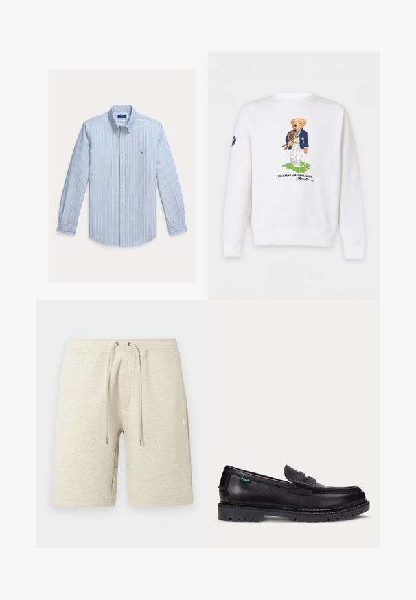 Witte trui met geborduurde beer die een marineblazer en witte broek draagt, met een vintage tennisracket in de hand, staand op een groene baan.; Lichtblauw overhemd met lange mouwen, witte verticale strepen en een klein geborduurd Polo Ralph Lauren-logo op de borst.; Beige sportkorte broek gemaakt van textuurbuffer, met een elastische tailleband met koordje en zijzakken. Subtiele logodetail.; Zwarte leren loafer met dikke geprofileerde zool en klein groen "Polo" label aan de buitenkant bij de hiel.