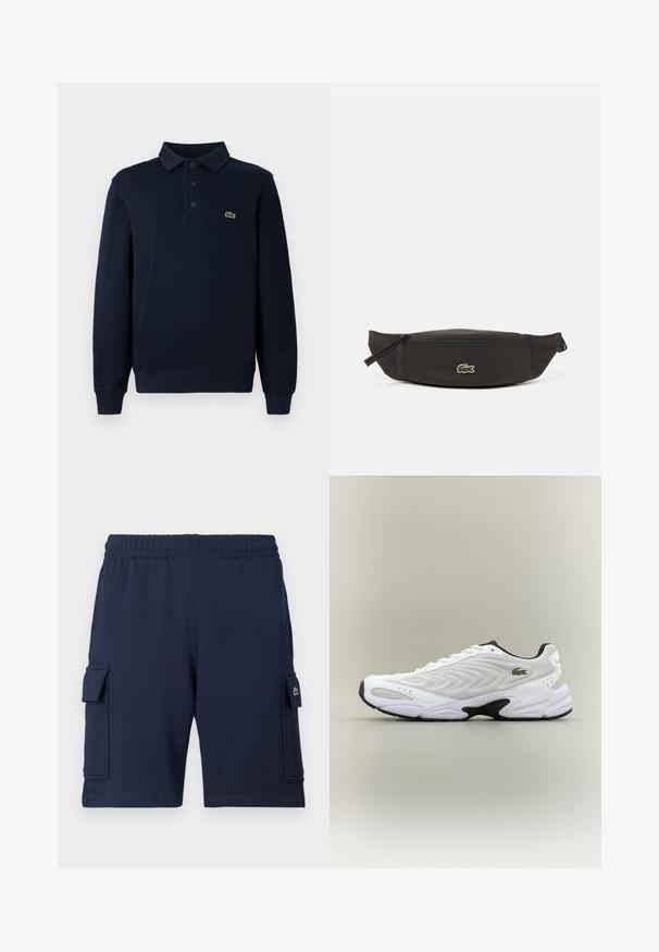 Mørkeblå langærmet polo t-shirt med knaplukning og lille grøn krokodille-logo på brystet.; Marineblå cargoshorts lavet af blødt stof, med elastisk taljebånd, to sidelommer og et lille logo på venstre lomme.; Hvide atletiske sko med tekstureret mesh-overdel, buet design og kontrasterende sort ydersål. Har en grøn broderet logo på siden.; Sort nylon bæltetaske med en glat overflade, lynlås lukning og et lille grønt Lacoste krokodille logo på forsiden. Designet til let transport.