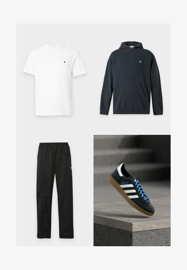 Sweat à capuche Adidas noir avec poche avant et petit logo Adidas blanc sur la poitrine gauche, présenté sur un fond uni.; T-shirt en coton blanc avec col en V, manches courtes, arborant un petit logo noir sur la poitrine. Texture lisse, coupe décontractée.; Pantalon de sport noir avec taille élastique, coupe droite, accents de fermeture éclair latérale et bandes blanches sur les côtés. Texture lisse.; Baskets Adidas noires avec des rayures blanches, des lacets bleus et une semelle en gomme flottant au-dessus d'une marche en béton grise sous une lumière douce.