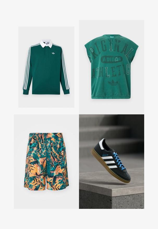Tummanvihreä rugby-paita, jossa pitkät hihat, valkoinen kaulus, hihassa kolme valkoista raitaa ja pieni valkoinen Adidas-logo rinnassa.; Vihreä hihaton Adidas-paita, jossa edessä isoilla eri kirjasintyypeillä painettu "Original Athletics" ja Adidas-logo alla.; Uimashortsit, joissa on oranssi, teal ja musta viidakonlehtikuvio, valmistettu kevyestä kankaasta ja mukautuvan vyötärönauhan kanssa mukavuutta varten.; Musta Adidas-tennari valkoisilla raidoilla, sinisillä nauhoilla ja kumipohjalla kelluu pehmeässä valossa harmaan betonisen portaan yllä.