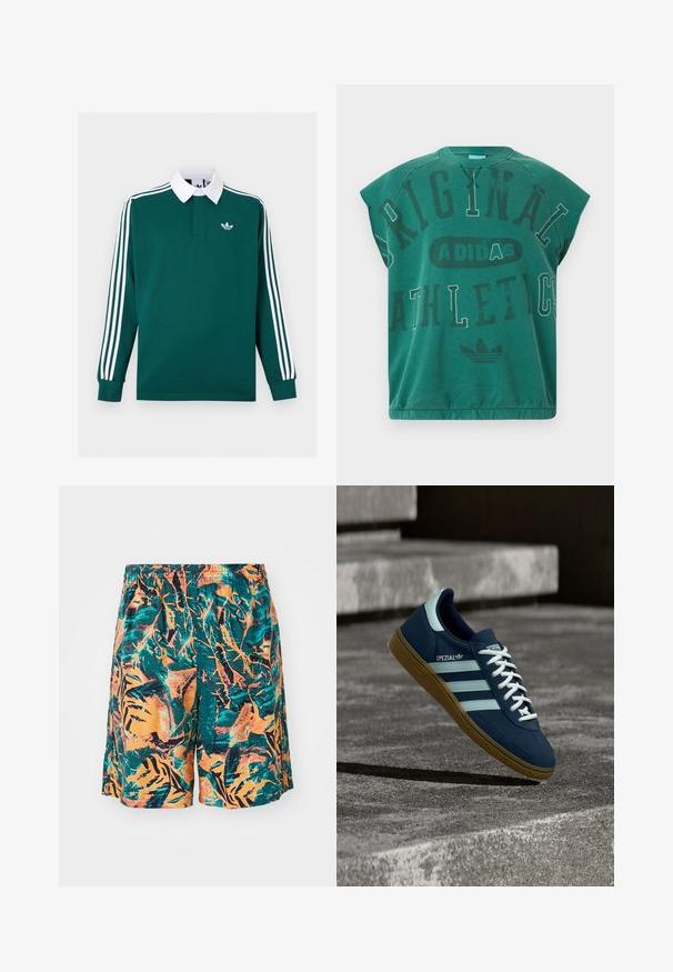 Tume roheline pikavarrukaline ragbimärkidega särk valge kraega, kolme valge triibuga varrukatel ja väike valge Adidas logo rinnal.; Roheline varrukateta Adidas top, mille esiküljel on suurte segafontidega trükitud "Original Athletics" ning all Adidas logo.; Ujumisšortid, millel on oranž, teal ja must džungli lehtede muster, valmistatud kergetest materjalidest, millel on mugav elastne vöökoht.; Sinine Adidas Spezial tennisk, valgete triipude ja paeltega, kummist tallaga, hõljub kareda betoonpinna ja sammude kohal taustal.