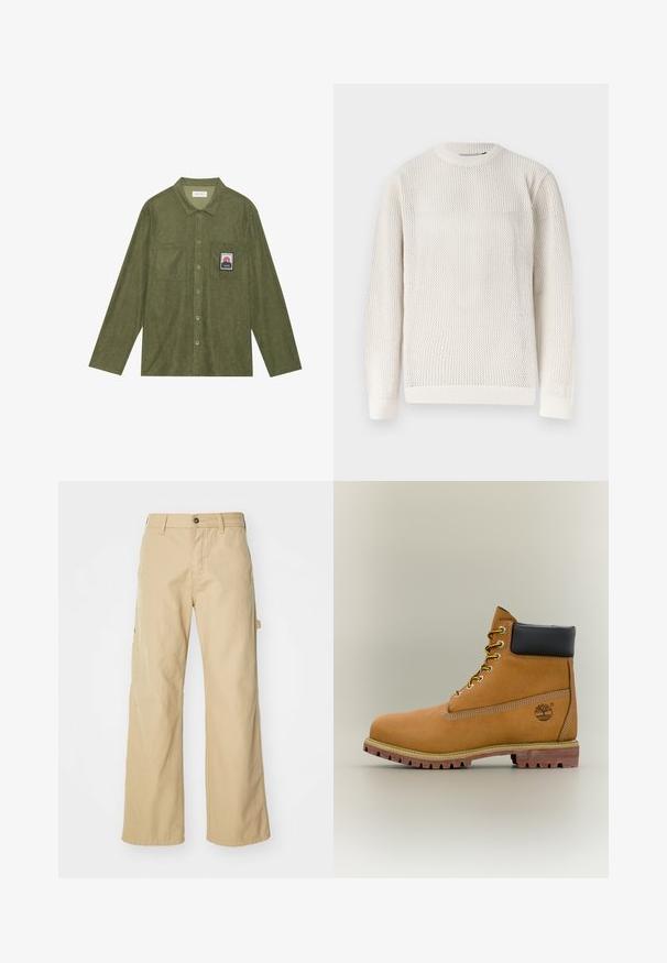 Pull en tricot à manches longues de couleur crème avec un motif en nid d'abeille texturé et un col, des poignets et un ourlet côtelés.; Chemise en velours côtelé vert olive à manches longues, fermeture boutonnée, deux poches poitrine, et un patch graphique de montagne sur la poche gauche.; Pantalons cargo larges beiges avec fermeture à bouton, dotés de poches latérales, fabriqués en coton robuste, avec une texture lisse et un design droit.; Bottine en cuir marron avec col noir, lacets jaunes et semelle beige. Présente un logo et des détails de couture blanche. Semelle extérieure à traction robuste.