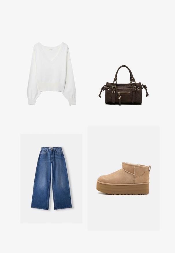 Hvid cropped sweater med V-udskæring, ribstrikkede ærmekanter og kant forneden. Fremstillet af blødt stof med lange ærmer og afslappet pasform.; Bredbenet blå denimjeans med forlommer, bæltestropper og knaplukning, lagt fladt på en lys baggrund.; Beige ruskinds ankelstøvler med et blødt indre, der har en platformssål og en strop bagpå for nem påtagning. Tekstureret gummisål.; Mørkebrun læderhåndtaske med dobbelte håndtag, forreste lynlåslomme, dekorative spænder og sideknuder på hvid baggrund.