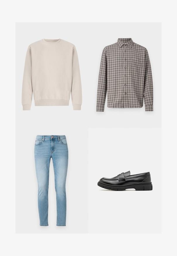 Beige crewneck sweatshirt gemaakt van zachte katoen, met een ontspannen pasvorm, ribgebreide boorden en zoom, zonder zichtbare patronen of hardware.; Bruine en crèmekleurige geruite shirt met een button-down kraag, lange mouwen en voorknopen; gemaakt van gemêleerde stof.; Lichtblauwe skinny jeans van denim, met een middelhoge taille, vijf zakken en subtiele vervaging op de dijen. Knopenluiting bij de tailleband.; Zwarte leren instapper met een brede band over de voet, rubberen zool met dikke noppen en een gladde textuur. Klassiek, strak ontwerp.