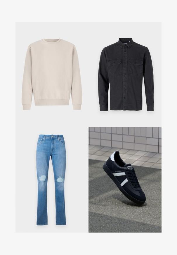 Beige crewneck sweatshirt lavet af blødt bomuld, med en afslappet pasform, ribbede mansjetter og kant, uden synlige mønstre eller hardware.; Langærmet, mørkegrå knap-up skjorte lavet af bomuldsblanding, med to brystlommer og klassisk krave-design.; Lyseblå denim jeans med lige ben, med slidte knæ med frynser og klassisk femlomme-design.; Sort lædersneaker med hvide striber, tekstureret gummisål og snørrebånd foran. Har et brandet mærke på tungen.