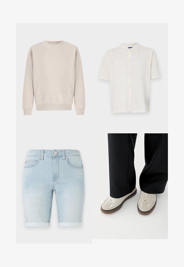 Beige Sweatshirt mit Rundhalsausschnitt aus weicher Baumwolle, mit einem lockeren Schnitt, Rippbündchen und -saum, ohne sichtbare Muster oder Beschläge.; Kurzärmliges Poloshirt in Off-White mit strukturiertem Muster, Knopfleiste und klassischem Kragen.; Hellblaue Jeansshorts mit umgeschlagenem Saum, klassischem Fünf-Taschen-Design und vorderem Knopfverschluss. Glatte Textur mit leichter Ausbleichung.; Füße mit beigen Sneakers mit braunen Sohlen und schwarzen Hosen mit weitem Bein auf weißem Hintergrund.