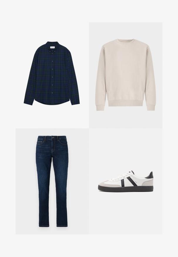 Beige crewneck sweatshirt lavet af blødt bomuld, med en afslappet pasform, ribbede mansjetter og kant, uden synlige mønstre eller hardware.; Marineblå og grønternet knap-ned skjorte med afrundet søm, lange ærmer og krave. Har tolv knaplukninger. Blød stofstruktur.; Mørkeblå denimjeans med slim fit, standard fem lomme-design og lukning med knap og lynlås. Glat tekstur med minimal falming.; Hvide sneakers med sorte og grå detaljer, med en tekstureret grå tåhætte, sort gummisål og flade hvide snørebånd. Rent design, minimalistisk stil.