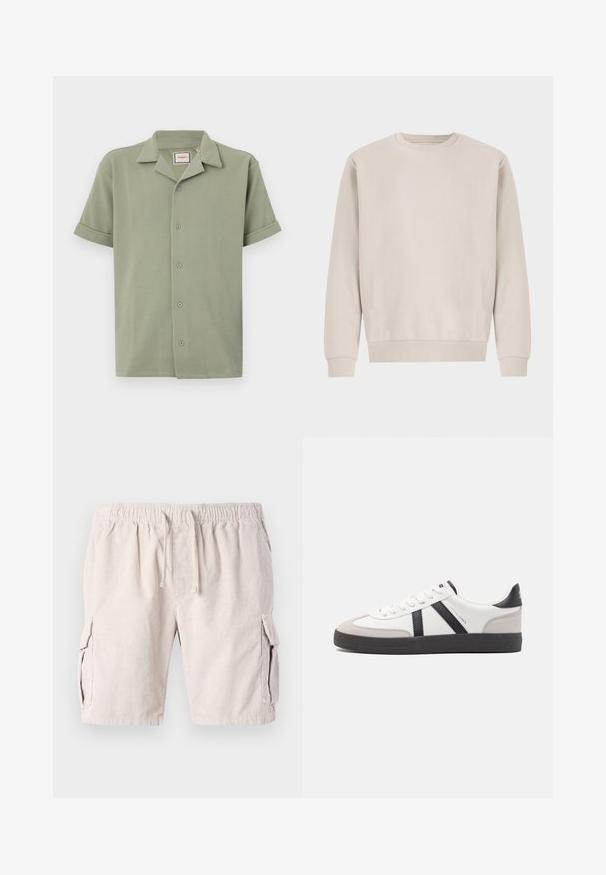 Sudadera de cuello redondo beige hecha de algodón suave, con un corte relajado, puños y dobladillo acanalados, sin patrones ni elementos metálicos visibles.; Camisa de manga corta en verde claro, hecha de tela texturizada con cuello de pico y cierre frontal de seis botones. Las mangas enrolladas ofrecen un ajuste relajado.; Pantalones cortos de algodón de pana color beige con cintura elástica, cierre de cordón y dos bolsillos laterales. La tela presenta un patrón texturizado y acanalado.; Zapatilla blanca con acentos en negro y gris, que presenta una puntera texturizada en gris, suela de goma negra y cordones planos blancos. Diseño limpio, estilo minimalista.