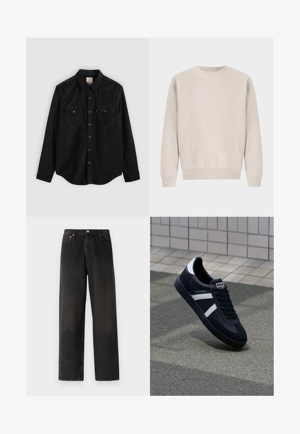 Beige crewneck sweatshirt lavet af blødt bomuld, med en afslappet pasform, ribbede mansjetter og kant, uden synlige mønstre eller hardware.; Sort corduroy-skjorte med lange ærmer, knaplukning, to brystlommer og en spids krave. Tekstureret stof med en glat finish.; Sorte denim jeans med lige ben, der har en fem-lomme stil, messingknap og subtile teksturvariationer på stoffet.; Sort lædersneaker med hvide striber, tekstureret gummisål og snørrebånd foran. Har et brandet mærke på tungen.