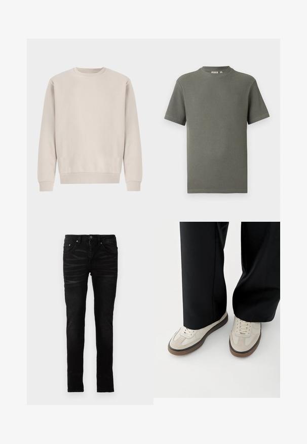 Beige Sweatshirt mit Rundhalsausschnitt aus weicher Baumwolle, mit einem lockeren Schnitt, Rippbündchen und -saum, ohne sichtbare Muster oder Beschläge.; Olivgrünes T-Shirt mit kurzen Ärmeln aus strukturiertem Strick, Rundhalsausschnitt und geradem Saum, flach auf weißem Hintergrund.; Schwarze Skinny-Jeans mit einer glatten Denim-Oberfläche, traditionellem Fünf-Taschen-Design, Reißverschluss und dezenten Ausbleichungen auf dem Stoff.; Füße mit beigen Sneakers mit braunen Sohlen und schwarzen Hosen mit weitem Bein auf weißem Hintergrund.