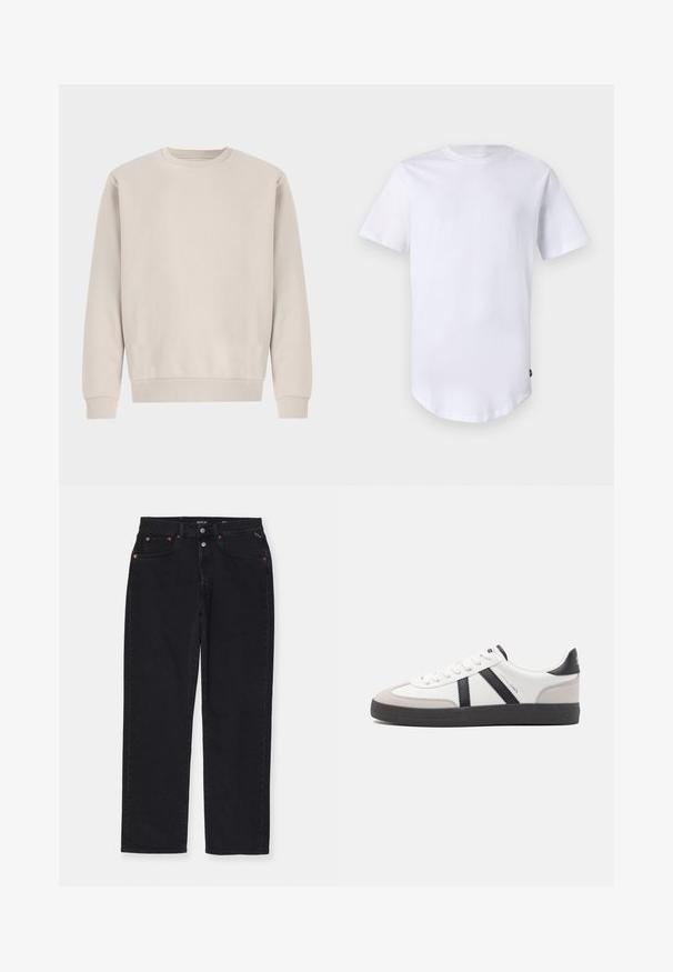 Beige crewneck sweatshirt lavet af blødt bomuld, med en afslappet pasform, ribbede mansjetter og kant, uden synlige mønstre eller hardware.; Hvid kortærmet t-shirt lavet af bomuld. Rund halsudskæring med en buet kant. Etiket synlig på nederste venstre side. Glat tekstur.; Sorte denimbukser med lige snit, fem lomme-design, metalhardware og subtile syninger. Blød tekstur, minimalt design.; Hvide sneakers med sorte og grå detaljer, med en tekstureret grå tåhætte, sort gummisål og flade hvide snørebånd. Rent design, minimalistisk stil.