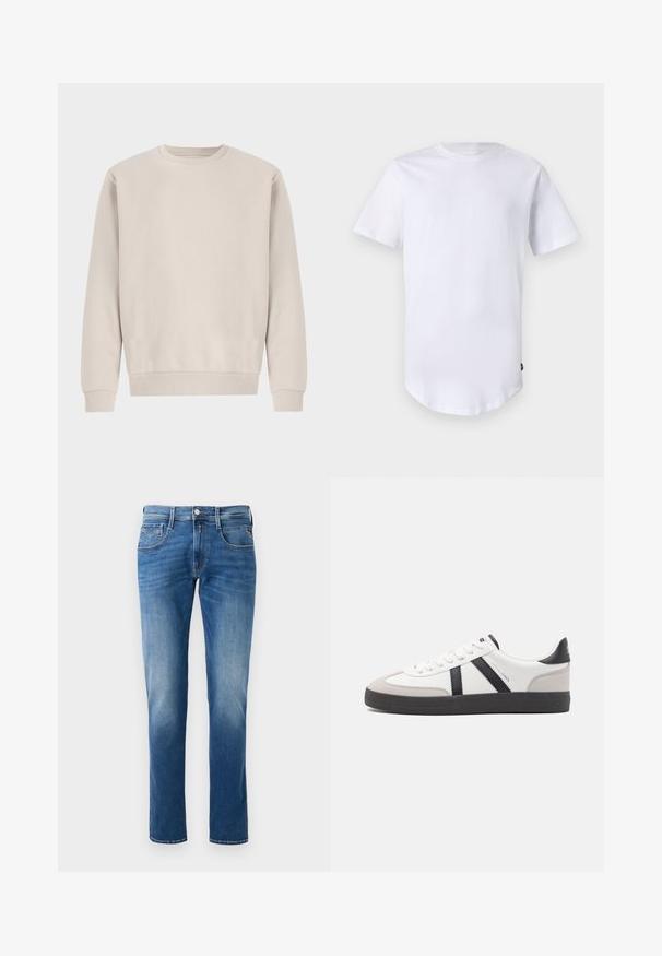 Beige Sweatshirt mit Rundhalsausschnitt aus weicher Baumwolle, mit einem lockeren Schnitt, Rippbündchen und -saum, ohne sichtbare Muster oder Beschläge.; Weißes T-Shirt mit kurzen Ärmeln aus Baumwolle. Rundhalsausschnitt mit abgerundetem Saum. Etikett auf der unteren linken Seite sichtbar. Glatte Textur.; Herren Jeans aus blauem Denim mit einem verwaschenen Finish, gerader Beinschnitt, fünf Taschen und einem Knopfverschluss vorne. Genähte Akzente an den Taschen.; Weiße Sneaker mit schwarz- und grau-aczenten, ausgestattet mit einer strukturierten grauen Zehenkappe, schwarzer Gummi-Sohle und flachen weißen Schnürsenkeln. Sauberes Design, minimalistische Stil.