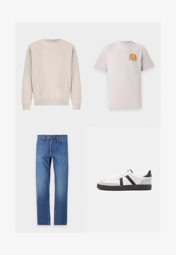 Beige Sweatshirt mit Rundhalsausschnitt aus weicher Baumwolle, mit einem lockeren Schnitt, Rippbündchen und -saum, ohne sichtbare Muster oder Beschläge.; Hellgraues Baumwoll-T-Shirt mit Rundhalsausschnitt, das ein farbenfrohes "Lone Château Replay"-Grafikdesign in Orange und Blau auf der Brust zeigt.; Blaue Jeans aus Denim mit geradem Schnitt, klassischem Fünf-Taschen-Design, kupferfarbener Naht und einem ausgewaschenen Finish für einen eingelaufenen Look.; Weiße Sneaker mit schwarz- und grau-aczenten, ausgestattet mit einer strukturierten grauen Zehenkappe, schwarzer Gummi-Sohle und flachen weißen Schnürsenkeln. Sauberes Design, minimalistische Stil.