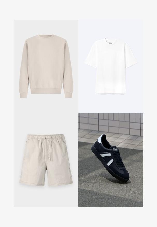 Beige Sweatshirt mit Rundhalsausschnitt aus weicher Baumwolle, mit einem lockeren Schnitt, Rippbündchen und -saum, ohne sichtbare Muster oder Beschläge.; Schlichtes weißes T-Shirt mit kurzen Ärmeln und Rundhalsausschnitt in entspannter Passform, auf hellem Hintergrund dargestellt.; Beige Shorts aus leichtem Stoff, mit elasticem Taillenbund, Zugband und Seitentaschen mit kontrastierender Naht.; Schwarze Leder-Sneaker mit weißen Streifen, strukturiertem Gummisohle und Schnürung. Verfügt über ein Markenetikett auf der Zunge.