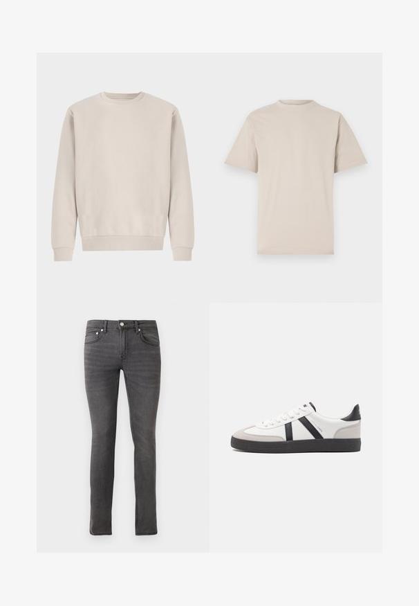 Beige crewneck sweatshirt gemaakt van zachte katoen, met een ontspannen pasvorm, ribgebreide boorden en zoom, zonder zichtbare patronen of hardware.; Beige t-shirt met korte mouwen, ronde hals, gemaakt van een gladde katoenstof, met een relaxed fit en zonder zichtbare patronen of versieringen.; Grijze denim jeans met een slim fit, met een klassieke vijf-pocketontwerp, voorste knoopsluiting en subtiele textuurdetails overal.; Witte sneaker met zwarte en grijze accenten, voorzien van een grijze neus met textuur, zwarte rubberen zool en platte witte veters. Schoon ontwerp, minimalistische stijl.
