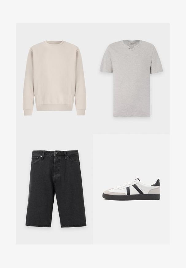 Beige crewneck sweatshirt lavet af blødt bomuld, med en afslappet pasform, ribbede mansjetter og kant, uden synlige mønstre eller hardware.; Kortærmet, grå og hvid stribet t-shirt med rund hals og to-knap detaljer ved halsudskæringen. Blødt stof med en afslappet pasform.; Sorte denimshorts med lige snit, standard fem-lommer design, knaplukning og en tekstureret stoffinish.; Hvide sneakers med sorte og grå detaljer, med en tekstureret grå tåhætte, sort gummisål og flade hvide snørebånd. Rent design, minimalistisk stil.