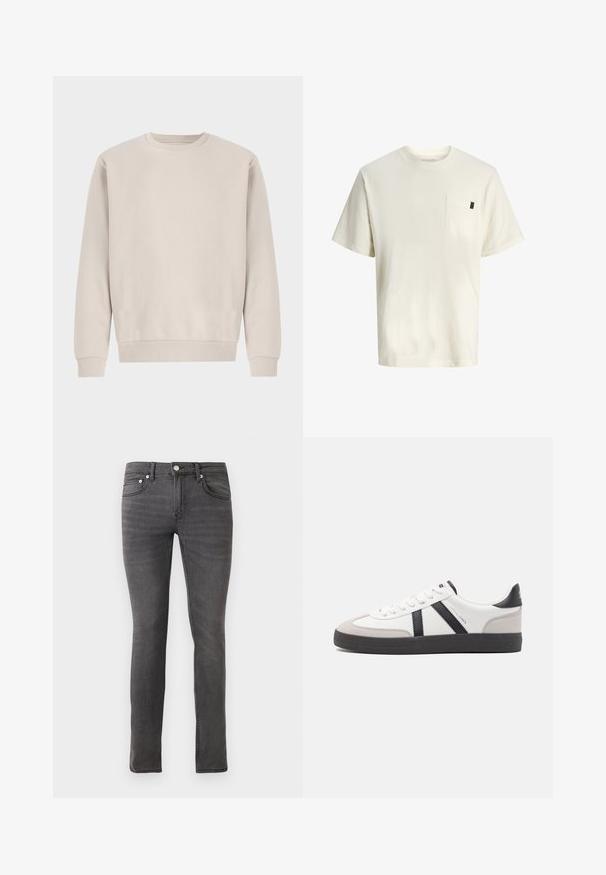 Beige crewneck sweatshirt lavet af blødt bomuld, med en afslappet pasform, ribbede mansjetter og kant, uden synlige mønstre eller hardware.; Hvid bomuld t-shirt med korte ærmer, rund hals, brystlomme foran og et lille mærke i siden. Glat tekstur og afslappet pasform.; Grå denimjeans med slim fit, der har et klassisk fem-lomme design, front lukning med knap og svag tekstureret detaljering over hele stoffet.; Hvide sneakers med sorte og grå detaljer, med en tekstureret grå tåhætte, sort gummisål og flade hvide snørebånd. Rent design, minimalistisk stil.