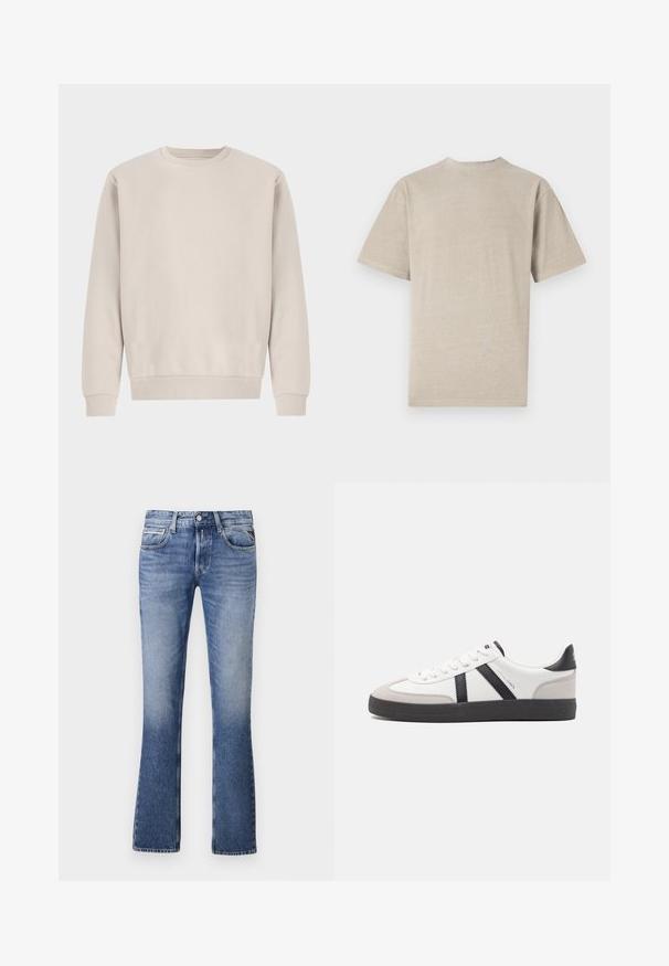 Beige Sweatshirt mit Rundhalsausschnitt aus weicher Baumwolle, mit einem lockeren Schnitt, Rippbündchen und -saum, ohne sichtbare Muster oder Beschläge.; Kurzarm-T-Shirt in hellem Beige mit Rundhalsausschnitt, aus weichem Stoff gefertigt, mit glatter Textur und schlichtem Design ohne Grafiken.; Helle Blaujeans aus Denim mit einem ausgestellten Bein-Design, das fünf Taschen, einen Knopfverschluss vorne und dezente Verblassungen aufweist.; Weiße Sneaker mit schwarz- und grau-aczenten, ausgestattet mit einer strukturierten grauen Zehenkappe, schwarzer Gummi-Sohle und flachen weißen Schnürsenkeln. Sauberes Design, minimalistische Stil.