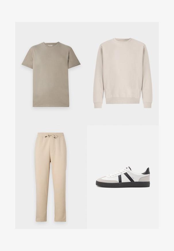 Beige crewneck sweatshirt gemaakt van zachte katoen, met een ontspannen pasvorm, ribgebreide boorden en zoom, zonder zichtbare patronen of hardware.; Korte mouwen T-shirt in lichtbeige katoen, met een ronde halslijn, eenvoudig ontwerp en een gladde textuur zonder zichtbare patronen of accenten.; Beige joggingbroek met elastische tailleband, verstelbare trekkoord, twee zijzakken en taps toelopend ontwerp van de pijpen. Zachte textuur, casual stijl.; Witte sneaker met zwarte en grijze accenten, voorzien van een grijze neus met textuur, zwarte rubberen zool en platte witte veters. Schoon ontwerp, minimalistische stijl.