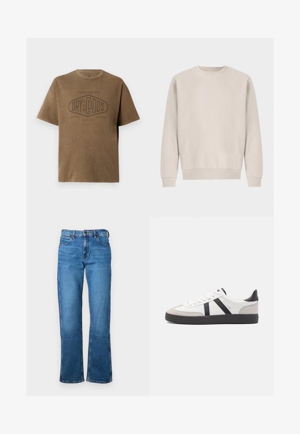 Beige crewneck sweatshirt lavet af blødt bomuld, med en afslappet pasform, ribbede mansjetter og kant, uden synlige mønstre eller hardware.; Brun kortærmet T-shirt med rund hals og falmet logo tekst "Premium Co. Dry On My Gods Jack & Jones Est. 90" trykt på fronten.; Blå denim jeans med en lige ben-design, der har en klassisk fem-lomme stil, metalknap og lynlås. Glat tekstur, ingen mønstre.; Hvide sneakers med sorte og grå detaljer, med en tekstureret grå tåhætte, sort gummisål og flade hvide snørebånd. Rent design, minimalistisk stil.