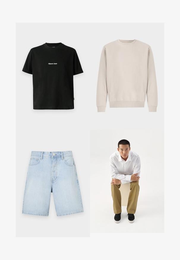 Beige crewneck sweatshirt gemaakt van zachte katoen, met een ontspannen pasvorm, ribgebreide boorden en zoom, zonder zichtbare patronen of hardware.; Zwarte katoenen T-shirt met korte mouwen, met een witte geborduurde tekst "Original Studio" over de borst en een ronde hals.; Lichtblauwe denim shorts met een rechte snit, voorzien van voorzakken, een knoopsluiting en casual stiksels. Glad textuur zonder patronen.; Jonge man in wit gestreept overhemd en kaki broek, voorover zittend op een kruk met gekruiste armen, kijkt recht vooruit op een witte achtergrond.