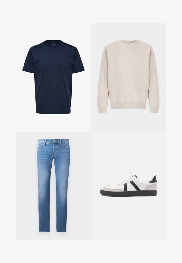 Beige Sweatshirt mit Rundhalsausschnitt aus weicher Baumwolle, mit einem lockeren Schnitt, Rippbündchen und -saum, ohne sichtbare Muster oder Beschläge.; Einfarbiges dunkelblaues Herren-T-Shirt mit kurzen Ärmeln und Rundhalsausschnitt, reguläre Passform, keine sichtbaren Muster oder Logos.; Helle blaue Denim-Jeans mit geradem Schnitt, ausgestattet mit einem Knopf- und Reißverschluss, fünf Taschen und subtilen Ausbleichungen.; Weiße Sneaker mit schwarz- und grau-aczenten, ausgestattet mit einer strukturierten grauen Zehenkappe, schwarzer Gummi-Sohle und flachen weißen Schnürsenkeln. Sauberes Design, minimalistische Stil.