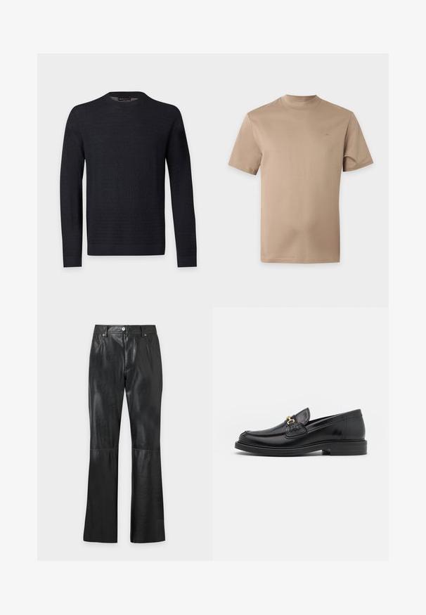 Zwarte trui met lange mouwen en een ronde hals met een subtiel gestructureerd patroon, geribbelde manchetten en zoom, getoond op een effen lichtgrijze achtergrond.; Beige T-shirt met korte mouwen en een ronde hals, met een klein subtiel logo op de linkerborst, afgebeeld tegen een effen achtergrond.; Zwarte broek van kunstleer met voorzakken, een frontrits, knoopsluiting, riemlussen en wijde pijpen.; Zwarte leren instappers met een ronde neus, voorzien van een gouden hardware accent en stikdetails, geplaatst op een lage, getextureerde rubberen zool.