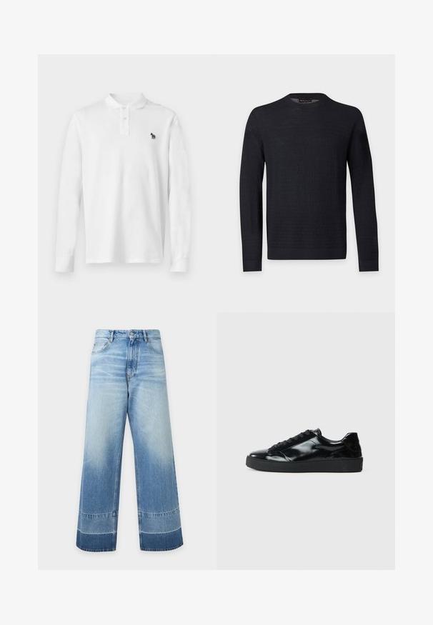 Pull noir à manches longues avec col rond, motif texturé subtil, poignets et ourlet côtelés, présenté sur un fond uni gris clair.; Polo blanc à manches longues avec col boutonné et petit logo zèbre noir brodé sur la poitrine gauche.; Jean en denim bleu clair à coupe large avec des détails délavés et des blocs de couleur plus foncés près de l'ourlet, bouton devant et poches visibles.; Baskets en cuir verni noir avec un bout arrondi, un laçage, une semelle en caoutchouc texturé et une finition lisse.