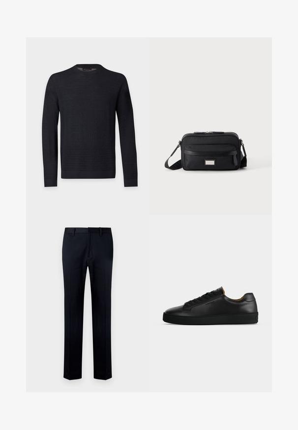Pull noir à manches longues avec col rond, motif texturé subtil, poignets et ourlet côtelés, présenté sur un fond uni gris clair.; Pantalon noir en tissu lisse, doté d'une coupe droite, d'une taille avec passants pour ceinture et d'une fermeture éclair à l'avant.; Basket basse en cuir noir avec lacets noirs, semelle en caoutchouc texturée et petit logo embossé sur le côté, présenté de profil sur fond gris.; Sac bandoulière rectangulaire noir avec poche avant zippée, sangle réglable et plaque logo rectangulaire argentée sur fond uni.