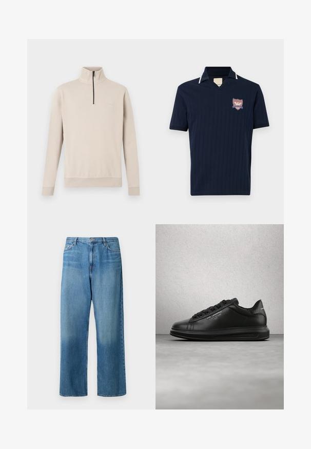 Beige trui met een hoge kraag, halve rits aan de voorkant en geribbelde manchetten. Zachte stof met een subtiele textuur en een klein logo op de borst.; Marineblauw poloshirt met korte mouwen en een geribbelde structuur, V-hals met witte bies en een bruin-blauw Emporio Armani Club-logo op de borst.; Lichtblauwe jeans met een wijde pijp van denim. Voorzien van een taille met normale hoogte, een ontwerp met vijf zakken en een vervaagde wassing met zichtbare stiksels.; Persoon die zwarte Karl Lagerfeld sneakers draagt met een zwarte broek, staand op een houten parketvloer tegen een witte gepaneelde muur.