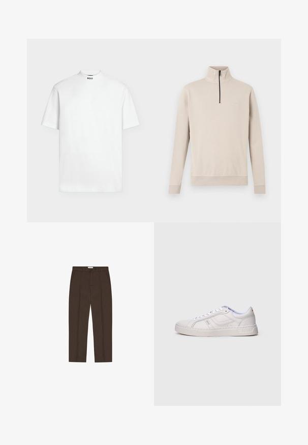 Pull beige avec col montant, demi-fermeture éclair à l'avant et poignets côtelés. Tissu doux avec une texture subtile et un petit logo sur la poitrine.; T-shirt blanc uni à manches courtes avec un col rond montant et « BOSS » imprimé en noir au centre du devant du col.; Pantalon marron sur mesure avec jambe droite, passants de ceinture, poches avant, bouton à l'avant et fermeture éclair.; Baskets blanches basses à lacets, avec des détails cousus et le logo "BOSS" sur le côté et la semelle, vues de côté extérieur.