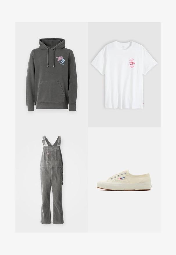 Sivá mikina z mixu bavlny, s prednou kapsou, kapucňou so šnúrkou a farebne vyšitým logom "Tommy Jeans NYC" s dizajnom.; Biela krátky rukáv tričko s malou červenou grafikou na ľavej strane na hrudi zobrazujúcou piknikové predmety a textom "KEEPING THEM BUNS TOASTY."; Sivé denové kombinézy s nastaviteľnými ramienkami, predná náprsné vrecko, bočné vrecká a rozšírené nohavice. Pevná tkanina a voľný strih pre pohodlie.; Béžové plátené tenisky s nízkym profilom, kovovými očkami a gumovou podrážkou. Obsahujú textúrovaný vzor a detail loga na boku.