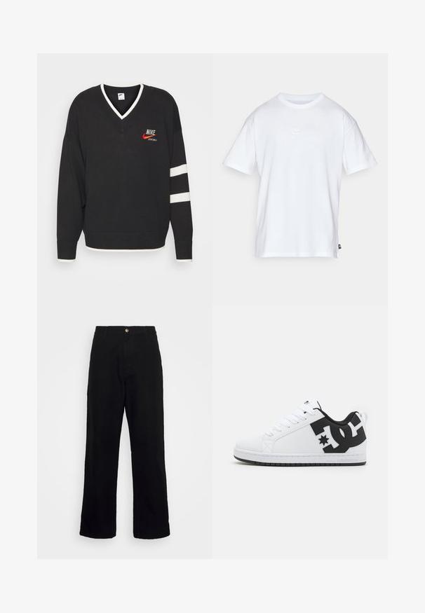 Sort striktrøje med V-hals, hvide detaljer ved kraven og manchetterne, rødt Nike-logo og hvide striber på ærmerne.; Hvid bomulds T-shirt med korte ærmer og rund hals. Har et lille, diskret Nike-logo på brystet og et sidelabel.; Sorte bukser lavet af tungt stof, med lige ben-design, forlommer, lynlås og en enkelt metallisk knaplukning.; Hvide atletiske sko med en glat syntetisk overdel, der har sorte logo-detaljer og en gummisål. Snørebåndsdesign, med afrundet tåform.