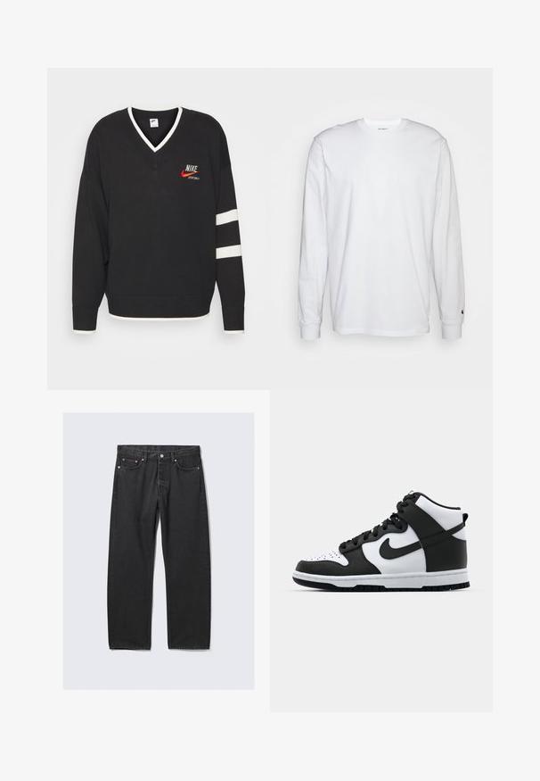 Čierny pletený sveter s výstrihom do V, biele akcenty na golieri a manžetách, červené logo Nike a biele pruhy na rukávoch.; Biela dlhá bavlnená tričko s dlhým rukávom. Dizajn s okrúhlym výstrihom a rebrovanými manžetami, malá nášivka na ľavom rukáve. Hladká textura.; Čierne rifle s rovným strihom, s piatimi vreckami a zapínaním na gombík v páse, položené na svetlom pozadí.; Čierno-biele vysoké tenisky s koženým zvrškom, perforovanou špičkou, výrazným logom swoosh a textúrovanou gumovou podrážkou.