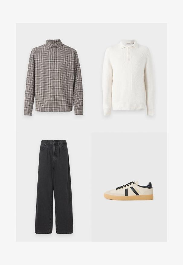 Suéter de punto blanco con un acabado texturizado, cuello con solapa y tapeta de tres botones. El diseño se completa con un dobladillo y puños acanalados.; Camisa de cuadros marrón y crema con cuello abotonado, mangas largas y botones frontales; hecha de tela texturada.; Pantalones de denim negros de tiro alto y pierna ancha, con cierre de botón y cremallera en el frente, que cuentan con bolsillos laterales y una textura suave.; Zapatillas casuales en crema con rayas negras, con parte superior texturizada y suela de goma. Los cordones son negros. Logo sutil en el costado.